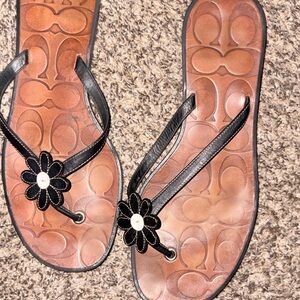 Coach Black Leather Floral Thong Sandals with Brown Footbed